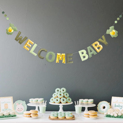 Sage Green Gold Baby Shower Decorations Pre-Strung Handmade Felt Metallic Gold Welcome Baby Sign Baby Clothes Wool Felt Ball Banner for Neutral Baby Shower Party Nursery Home Fireplace Room Decor