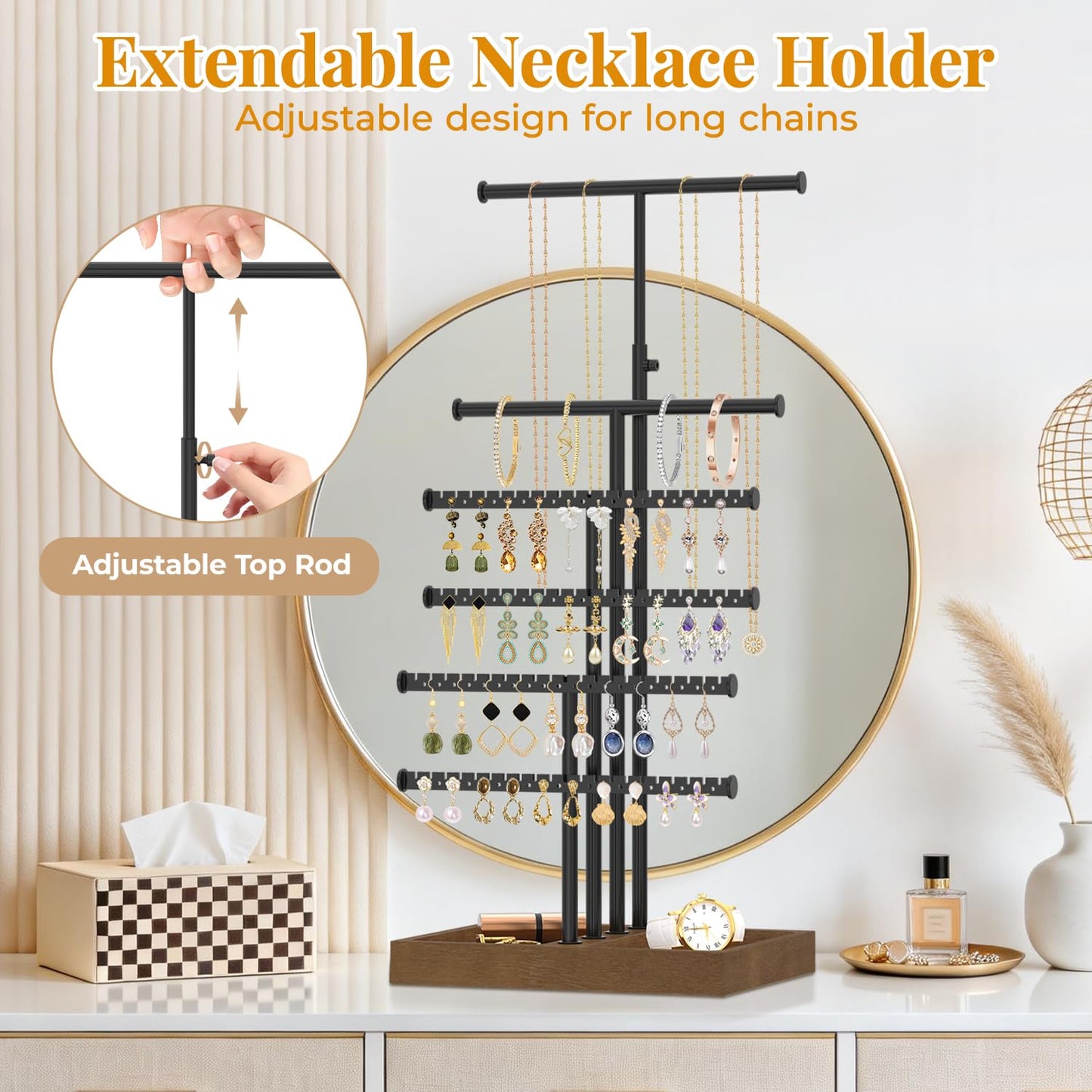 EsLuker.ly Necklace Earring Holder Organizer Display, Adjustable Jewelry Tree Stand with Stable Wooden Storage Base for Women Vendors, 6 Tier Large Bracelet Bangle Rack Tower, Stress-Free Mornings
