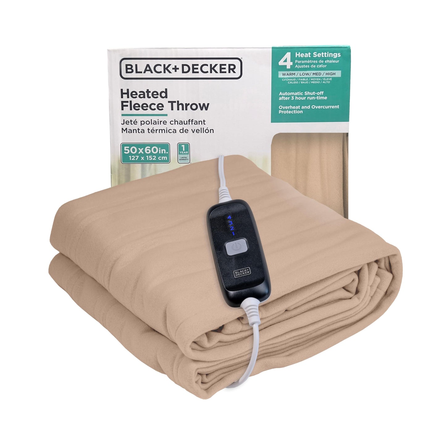 BLACK+DECKER Heated Blanket Electric Throw, Fleece Electric Blanket, Heating Blanket with 4 Heating Levels, 3H Timer, Auto Shutoff, Fast Heating (50x60 inches, Maroon)