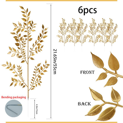 QNUIHYE 6 Pack Fake Leaves Gold Leaf Christmas Decor Gold Decor Ation Artificial Leaves Flower Stems Faux Branches Fake Plants for Vase Wedding Bouquet Leaf Table Centerpiece DIY