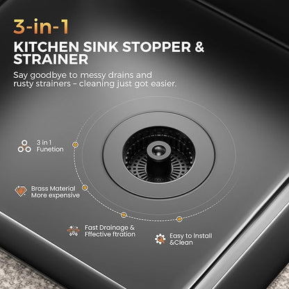 3-in-1 Kitchen Sink Strainer & Stopper, Matte Black Pop Up Drain Filter –
