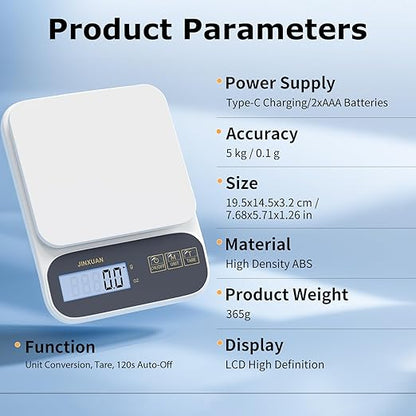 Kitchen Scale 5kg/0.1g Precision Food Scales for Kitchen Digital Scale Grams for Cooking Baking Weight Loss, Rechargeable Coffee Scale Food Weight Scale with Large Backlit LCD Display USB Cord