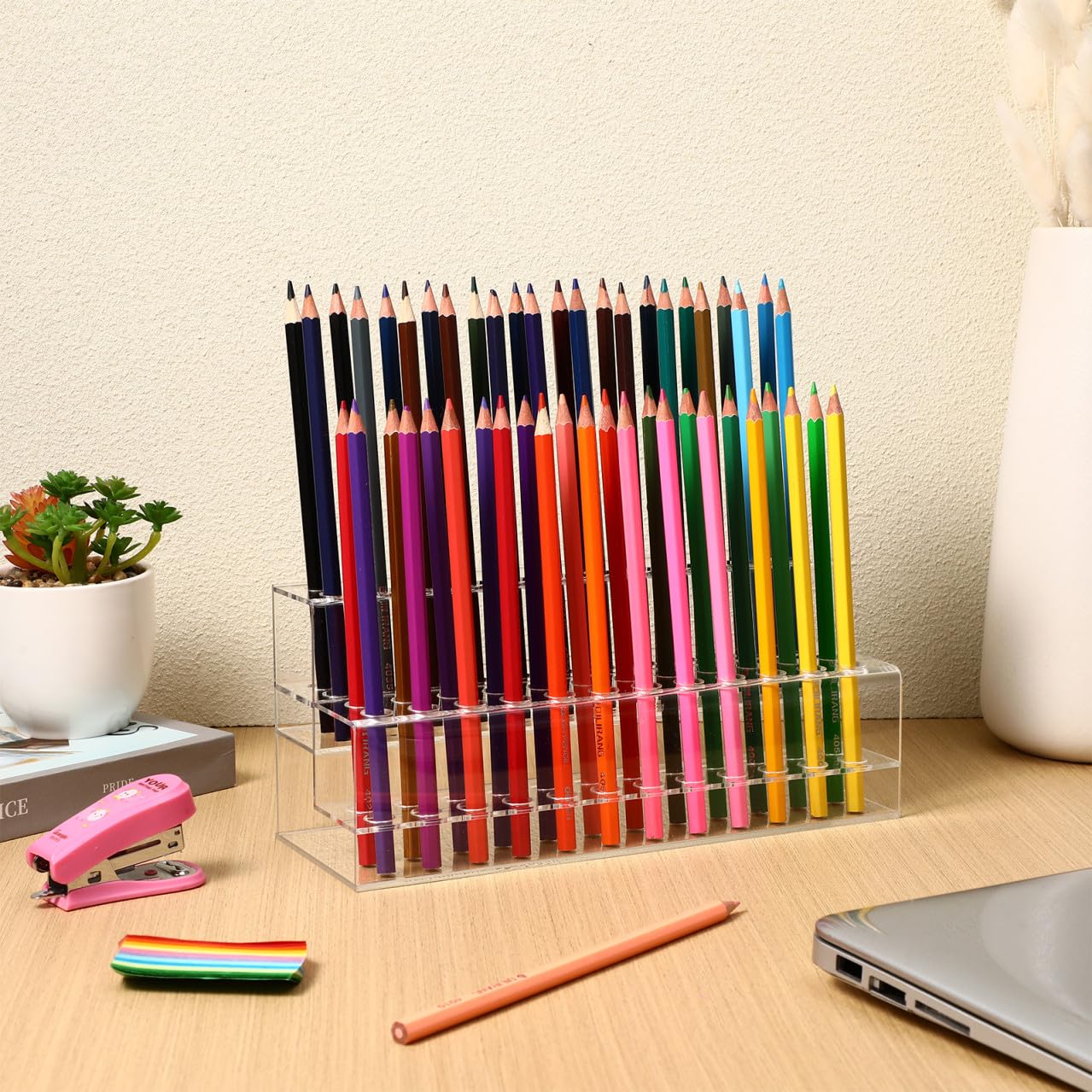 Luxshiny Pen Holder Storage Box 9.44X4.13X3.54In Desktop Organizer with Multi-Slot Design for Pens Pencils Makeup Brushes Crayons Office School Desk Accessories