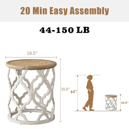 karlott Farmhouse End Table, 18.5'' French Country Round Side Table, Distressed Tray Top Side Table with Curved Motif Frame Base for Boho, End Tables Living Room, Bedroom, Small Space, Cream Beige