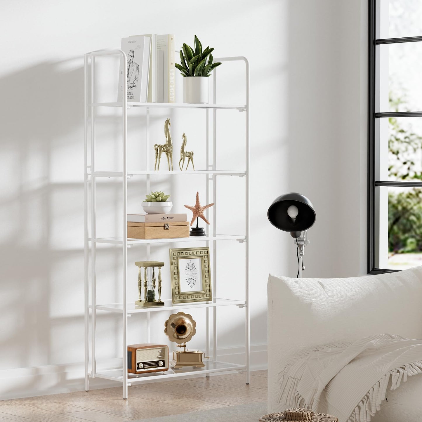 Crofy 5-Tier Wider Foldable Bookshelf, White Frame & Transparent Shelves