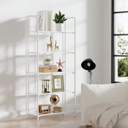 Crofy 5-Tier Wider Foldable Bookshelf, White Frame & Transparent Shelves