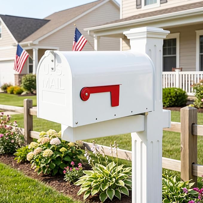 Fumete White Mailboxes for Outside, Metal Mail Box for House Outside, Galvanized Steel Post Mount Rural Mailbox, Standard Size, 20 x 8.7 x 6.7 Inches