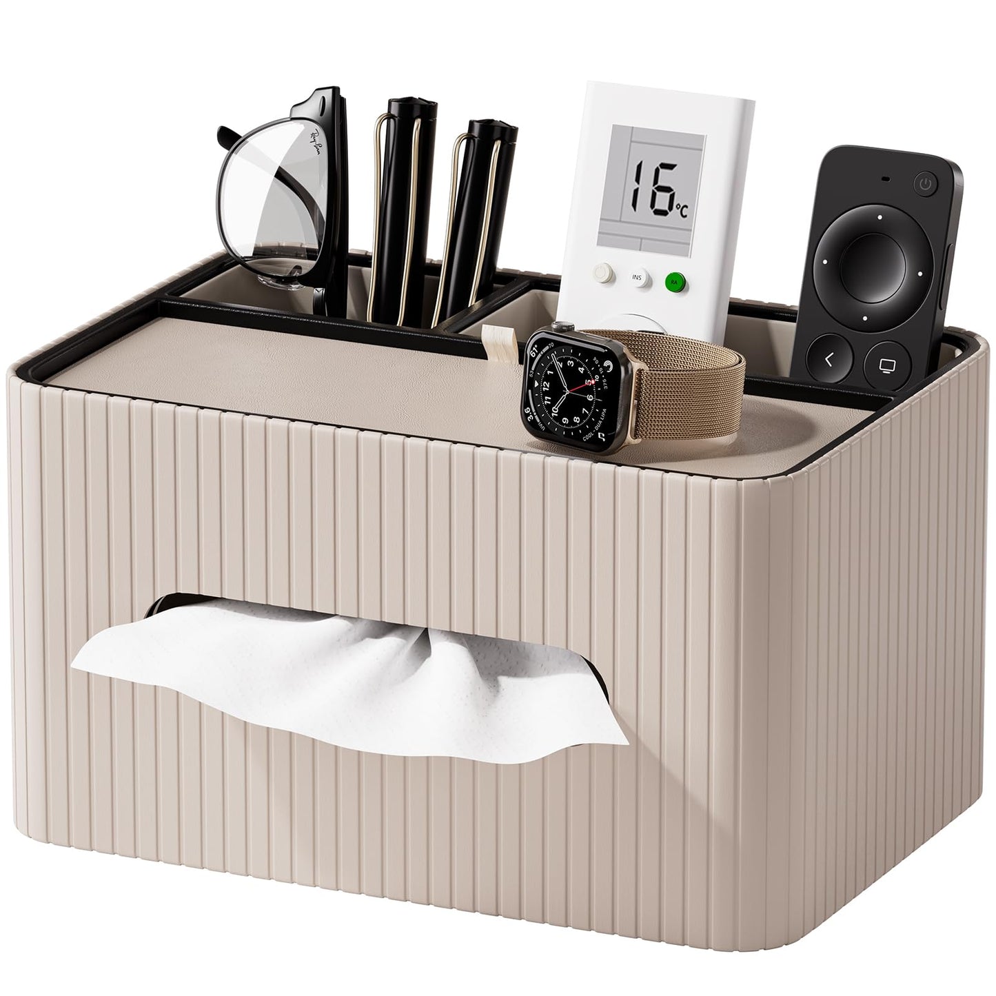KINGFOM Leather Tissue Box Cover with Storage Tray, Decorative Tissue Box Holder Organizer for Office Desk, Bedroom & Nightstand, Remote Control Holder for Perfume, Watch, Glasses, Pens (Mocha Beige)