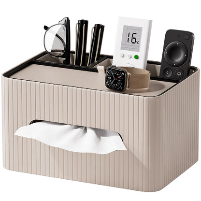 KINGFOM Leather Tissue Box Cover with Storage Tray, Decorative Tissue Box Holder Organizer for Office Desk, Bedroom & Nightstand, Remote Control Holder for Perfume, Watch, Glasses, Pens (Mocha Beige)