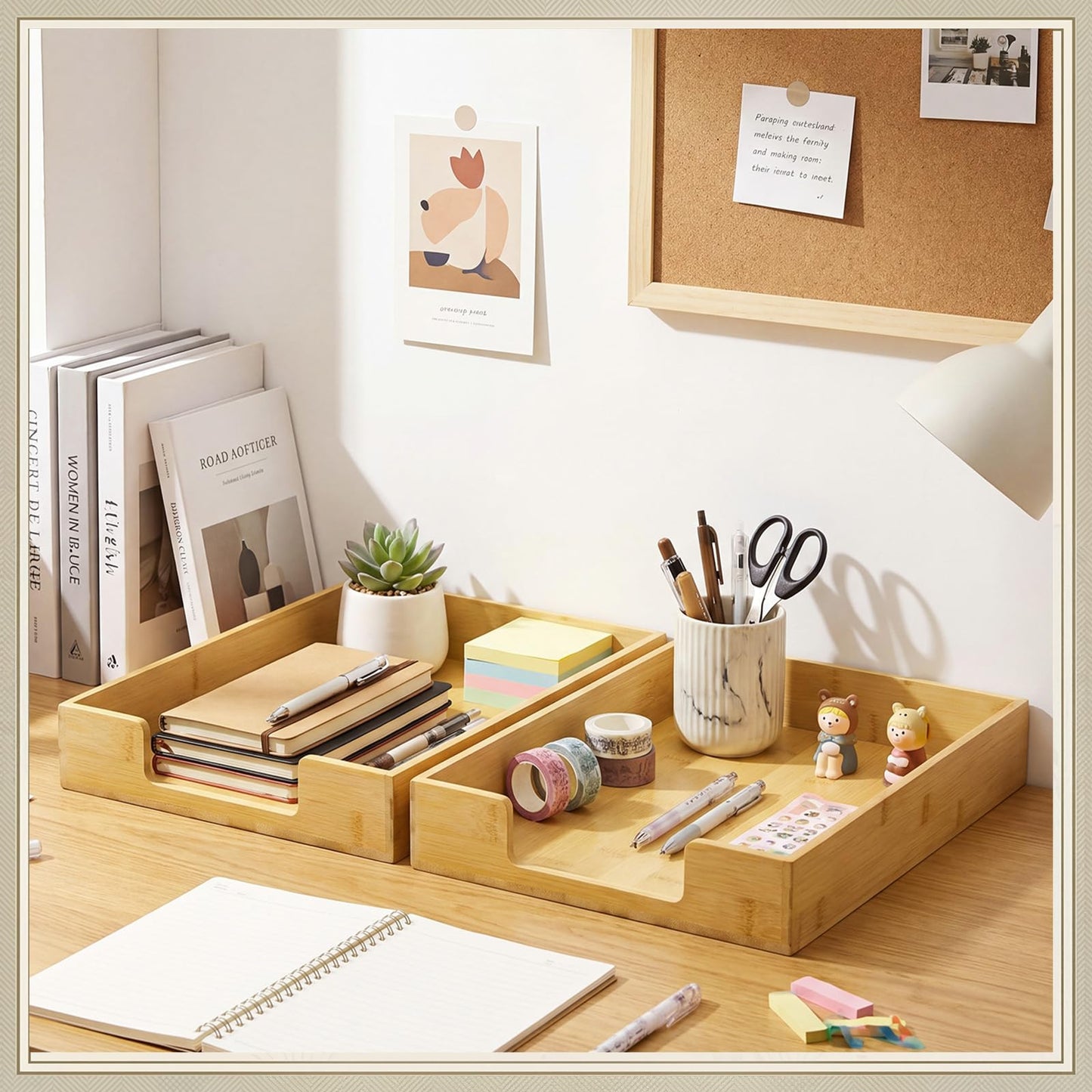 Mifoci 2 Pcs Wood Letters Tray Bamboo Stackable Paper Organizer Letter Tray, Desktop File for A4 Documents, Wooden Office Paper Holder Stacking for Home School Workspace