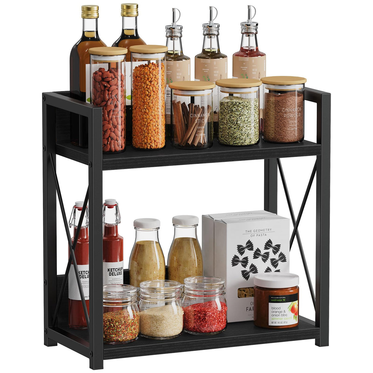 Giikin Kitchen Countertop Organizer, 2 Tier Coffee Bar Organizer, Black Spice Rack for Counter, Kitchen Counter Shelves, Particleboard, Large Size (15.8" L x 7.9" W x 15.8" H), Black