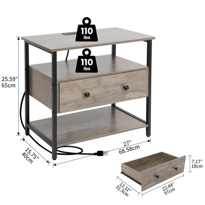 Edbuosy 27 Inch Wide Night Stand with Charging Station, Wood Nightstand with Open Shelf, Large Drawer Bedside Table for Living Room/Bedroom/Office (Rustic Gray)