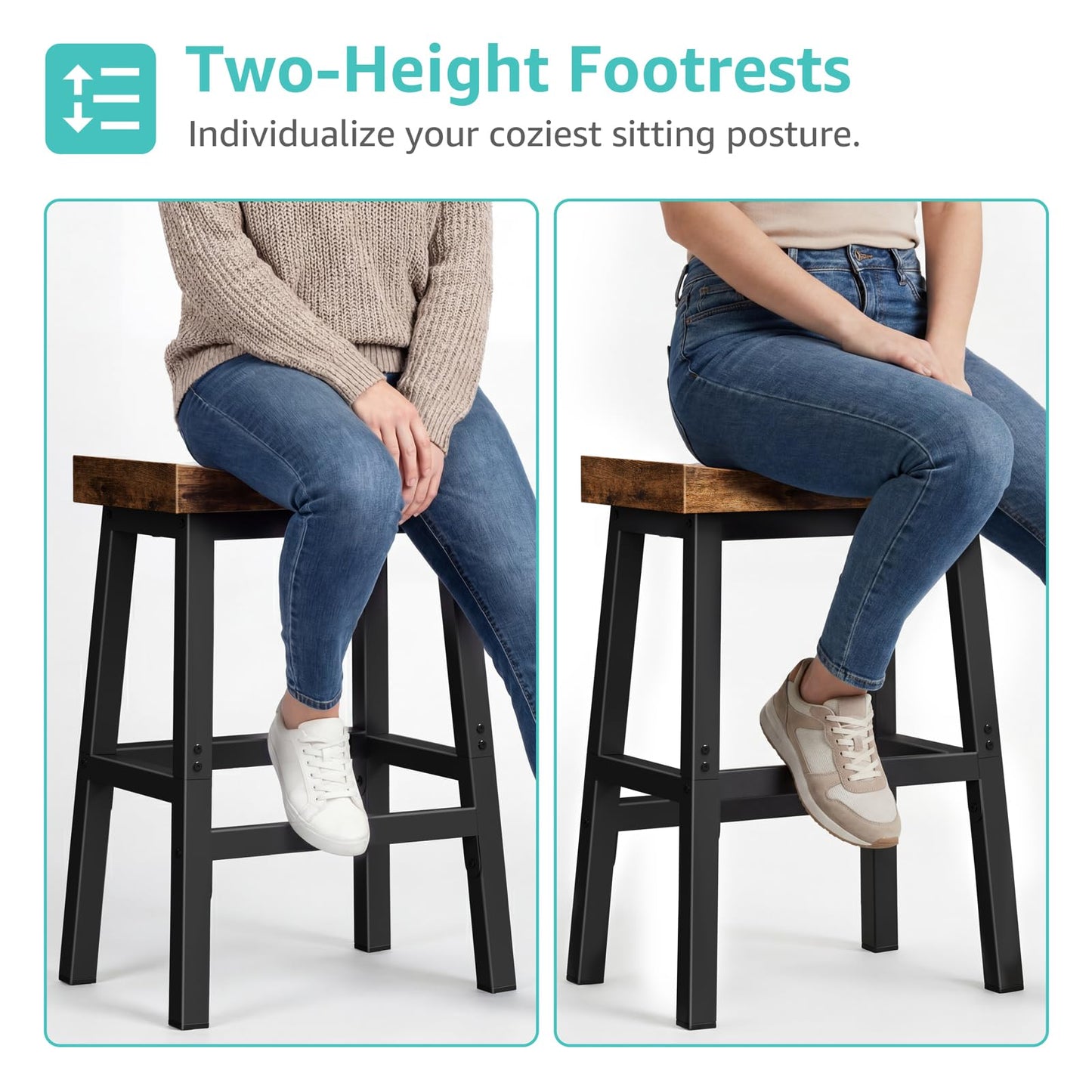 WINAZ Rustic Bar Stools, 24 Inch Barstools Set of 2, Counter Height Stool with Footrest, Wooden Stools for Kitchen Island, Heavy Duty Backless Chair for Dining Table Farmhouse Outdoor