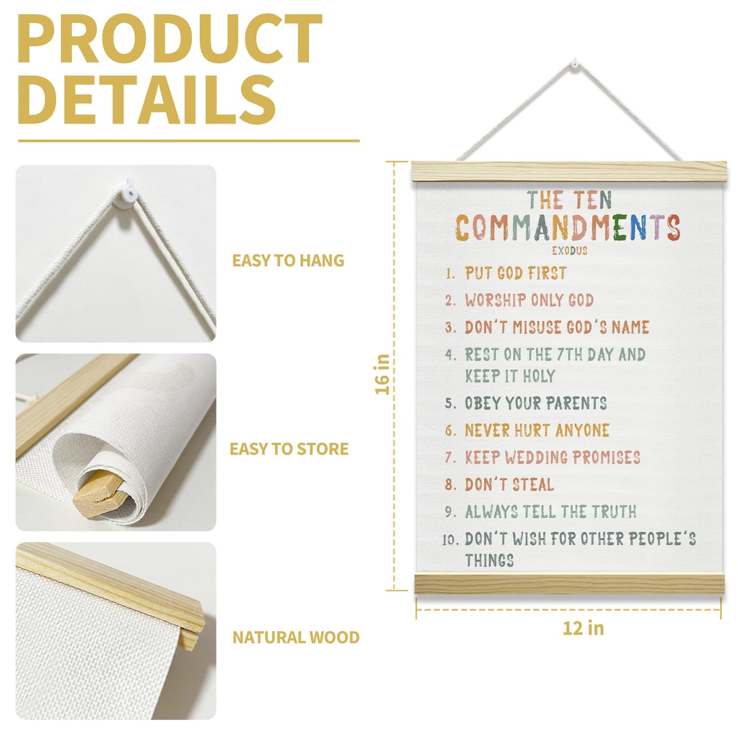 mermermu Ten Commandments Poster Hanger Frame, Christian Inspirational Posters Canvas Wall Art for Office Classroom Kids' Bedroom Decor, 12x16 Inches -023