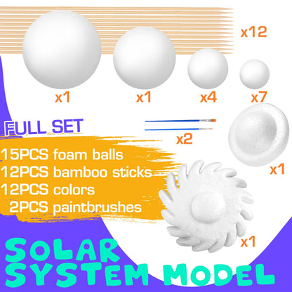 Solar System Model Foam Ball Kit, Planet Model Crafts Includes 14PCS Mixed-Sized Balls, 12 Color Pigments, 12PCS Long Sticks, 2PCS Painting Brushes for School Classroom DIY Projects, Science Projects
