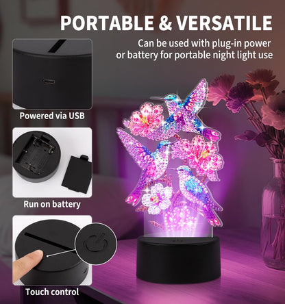 ALKALO Diamond Painting Night Light, Diamond Painting Kits for Adults Desktop Ornaments for Table Diamond Art Accessories for Adult Beginner Touch Lamp for Bedrooms Living Room-Birds