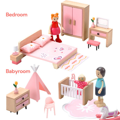 Wooden Dollhouse Furniture Set, 72pcs Furnitures with 8 Family Dolls, Dollhouse Accessories Pretend Play Furniture Toys