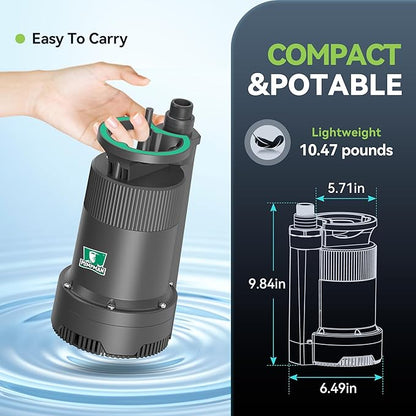 PUMPMAN 1/4HP Portable Water Pump, 2110GPH Submersible Utility Pump with 3/4” Garden Hose Check Valve Adapter Electric Sump Pump, 120V, Removal for Pool Draining Basement Hot Tubs Garden