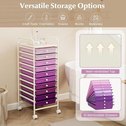 COSTWAY 10-Drawer Rolling Storage Cart, Utility Mobile Trolley with Removable Drawers & Universal Casters & 2 Brakes, Versatile Flexible Drawer Organizer Cart for Home, Office, Purple Gradient