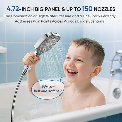 High Pressure Shower Head with Handheld,8 Modes,Heat-Resistant Premium ABS Material,Anti-clog Nozzles,Built-in Power Wash to Clean Tub,Tile & Pets,59″ SUS 304 Hose & Thickened Bracket,Silver