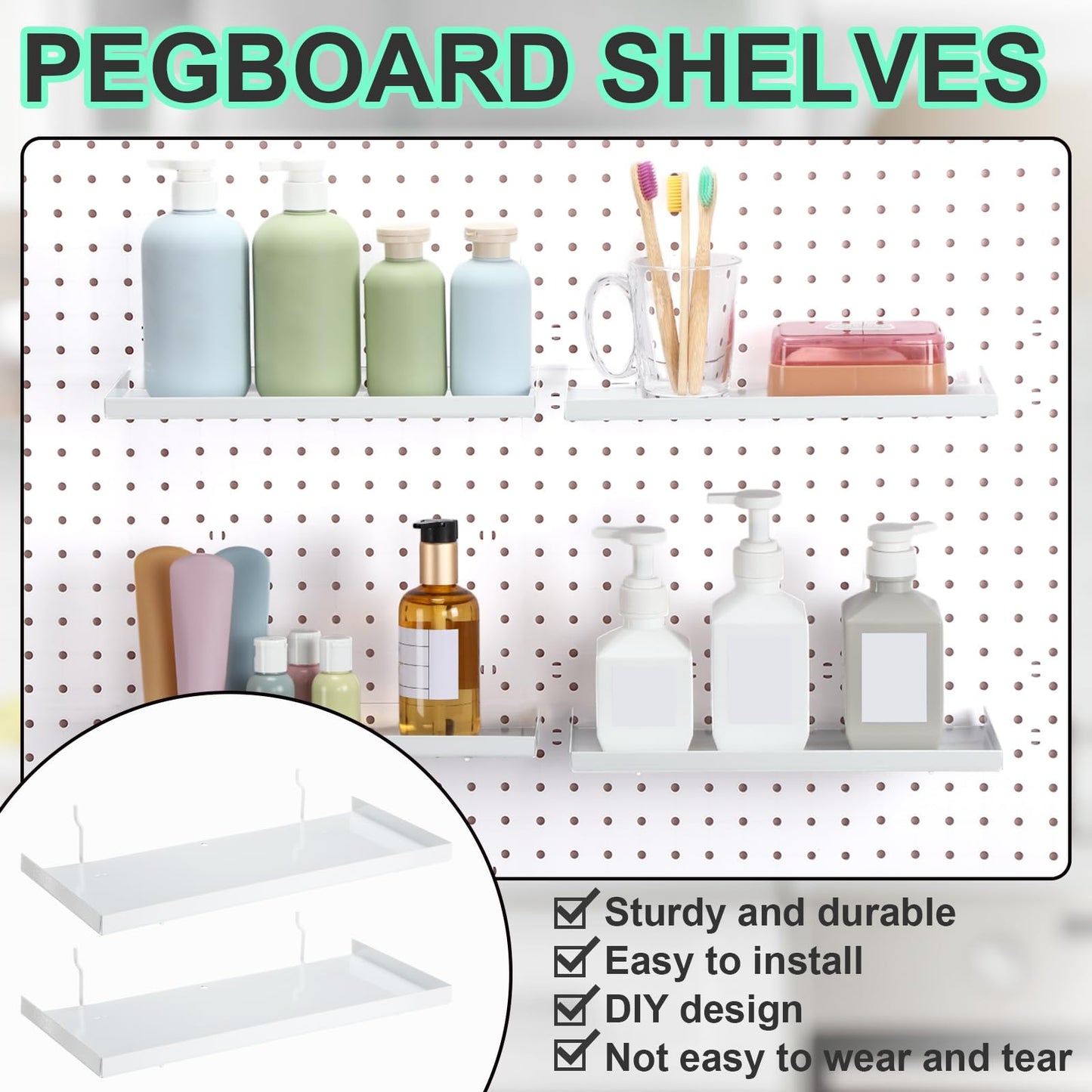 Lineshading 4 Pcs Pegboard Shelves, 12 x 5 Inch Metal Shelf Brackets Pegboard Tray Accessories Wall Organizer for Craft Room Home Garage Nursery Workbench Kitchen (White)