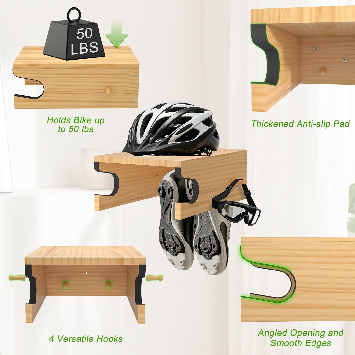 MTGSTOCL Wooden Bike Wall Mount with Shelf & 4 Hooks, Horizontal Bicycle Rack for Garage & Home, Scratch-Free Storage Holder for Road/Mountain Bikes, Space Saving & Easy Install
