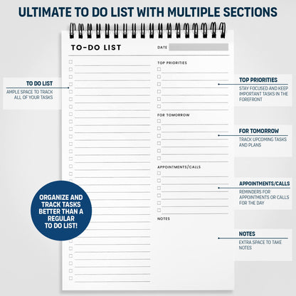 To Do List Notepad 3 Pack: Has Multiple Functional Sections - 6.5 x 9.8" 60 Sheets - Spiral Daily Planner Notebook - Task Checklist Organizer Agenda Pad for Work, Note and Todo Organization