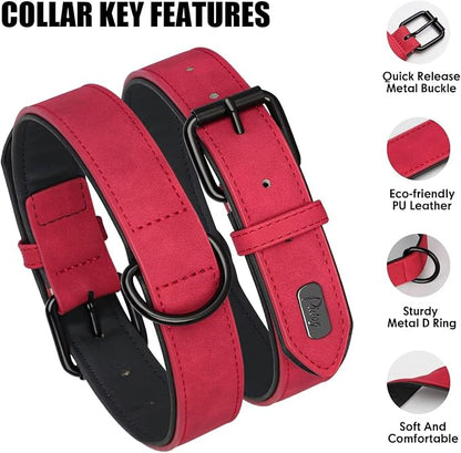 Didog Soft Padded PU Leather Dog Collar, Breathable and Adjustable Red Dog Collars for Medium Dogs, Comfortable for Daily Walk, Red, L Fit Neck 14-18"(22-44 lbs)