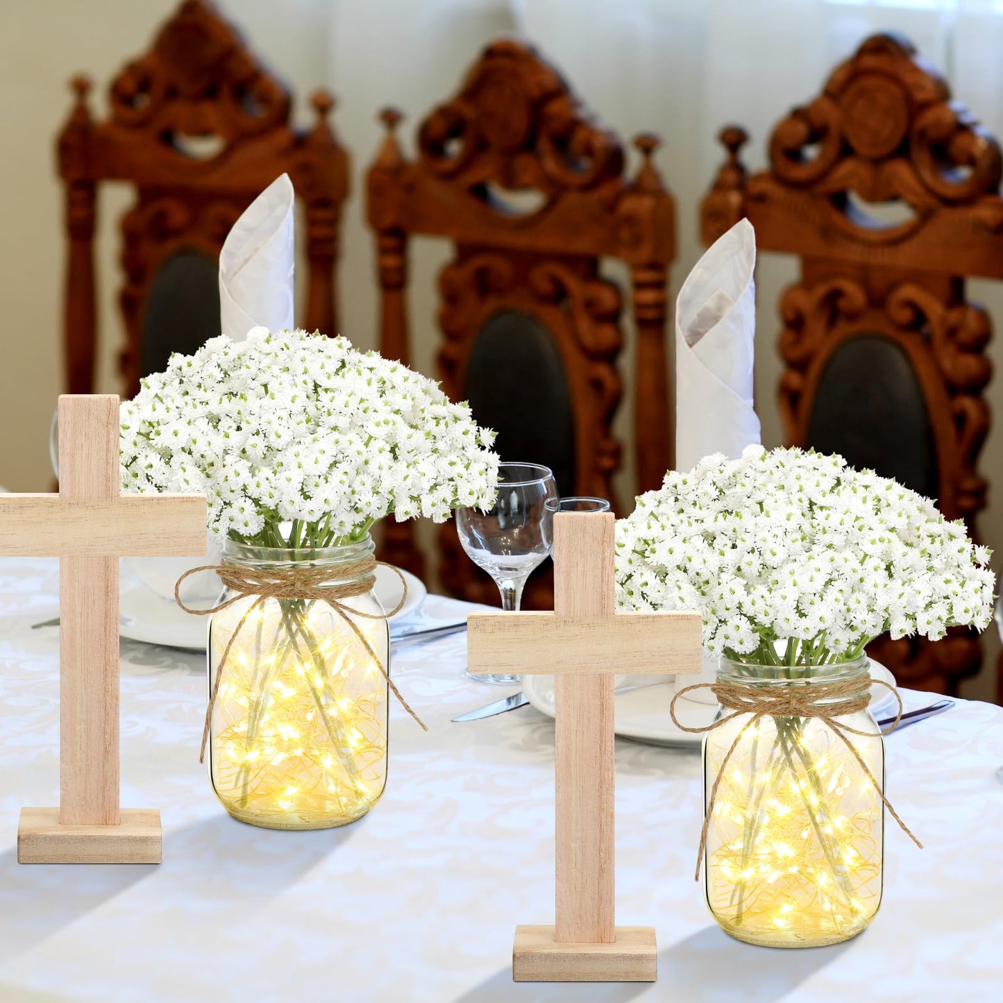 Wavwavw 37 Pcs/4 Sets Baptism Centerpieces for Table Cross Mason Jar Centerpieces with Wooden Cross Crafts Light Strings for Baptism First Communion Church Wedding Favors(Baby's Breath)