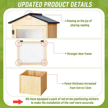 Wonderjune Little Library Box Outdoor with Floor Plugs & Flower Fence, Durable Weatherproof Solid Wood Book Exchange Box for Community, Literature, School Sharing Book(Natural Wood,Steepletop)