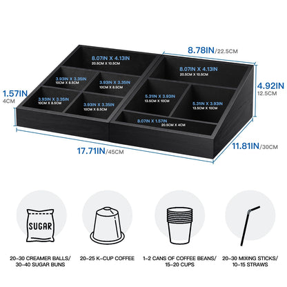 MINCORD Coffee Station Organizer Coffee Condiment Service Tray with 9 Compartment for Counter, Wood Coffee Bar Supplies Organizer for Home Office Breakroom Two-in-One Black