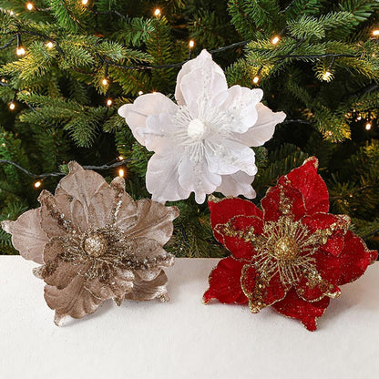 vctops 6 Pcs Poinsettia Artificial Flowers Christmas Tree Ornaments Glitter Magnolia Flowers for New Year Xmas Party Wedding Holiday DIY Decorations, Champagne
