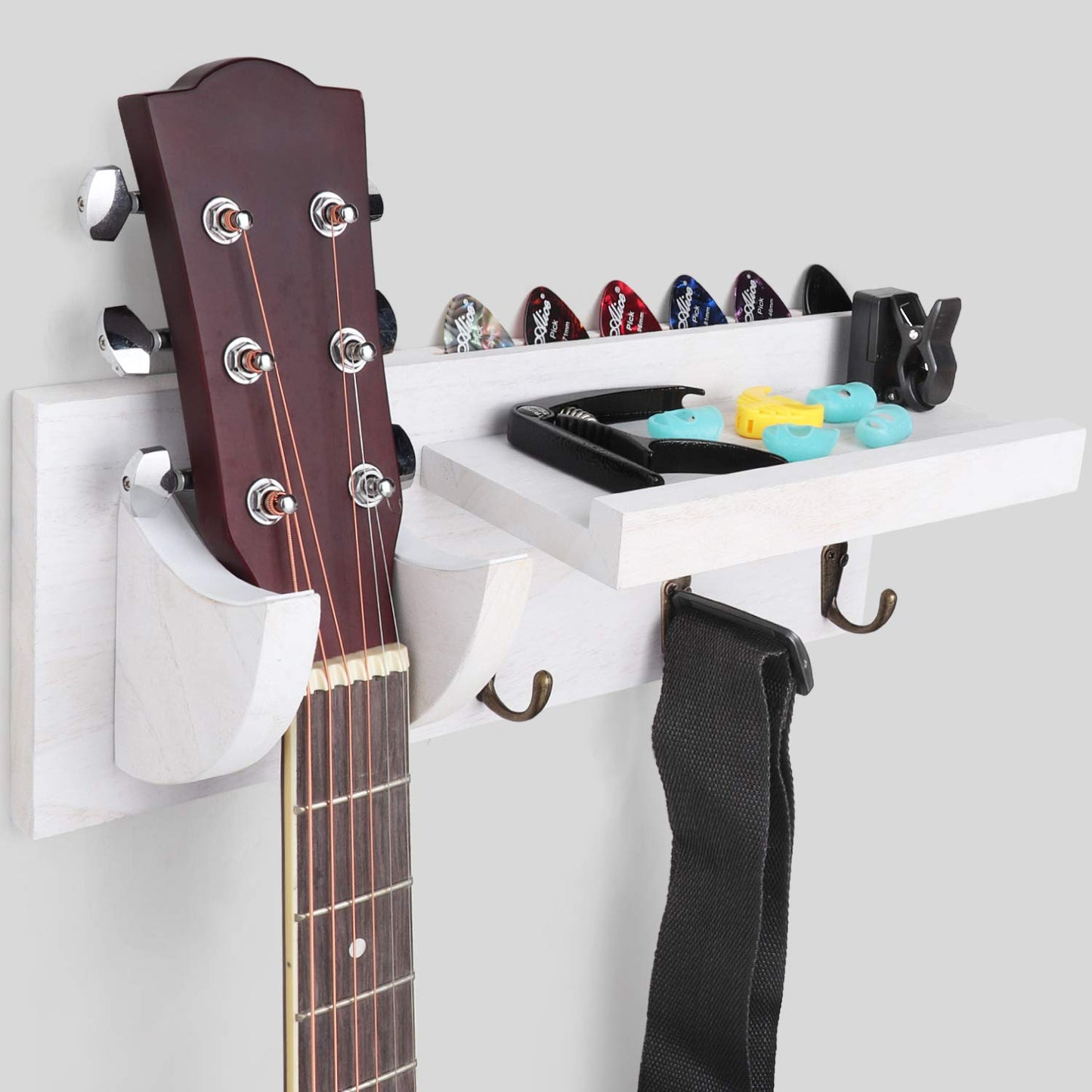 Bikoney Guitar Wall Mount Hanger with Shelf, Guitar Holder Wall with Pick Holder and 3 Hooks, Guitar Stand Wall for Acoustic, Electric, Bass, Ukulele, Vintagte White [U.S. Patent]