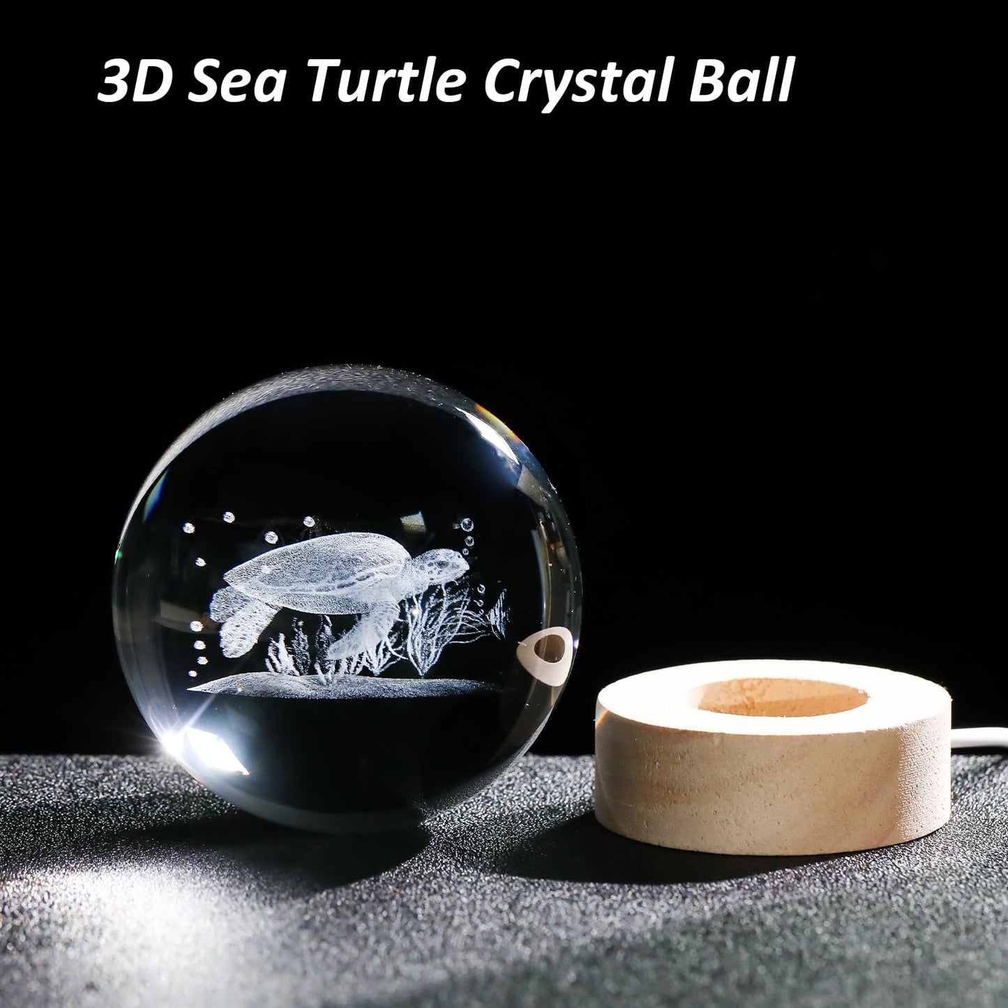 Arikyrist 3D Sea Turtle Crystal Ball Lamp with Wooden Base, 3D Laser Etched Crystal Sea Turtle Decor Glass Sphere Figurine Ornaments, Crystal Sea Turtle Gifts for Women Men Kids