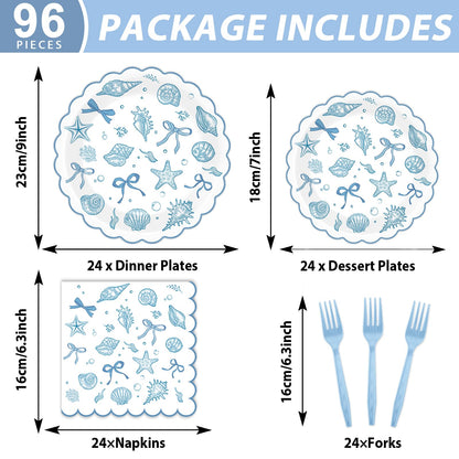96pcs Scalloped Coastal Party Supplies Tropical Blue Bow Starfish Seashell Plates and Napkins Tableware Set Ocean Theme Party Decorations for Summer Beach Wedding Birthday Bachelorette for 24 Guests