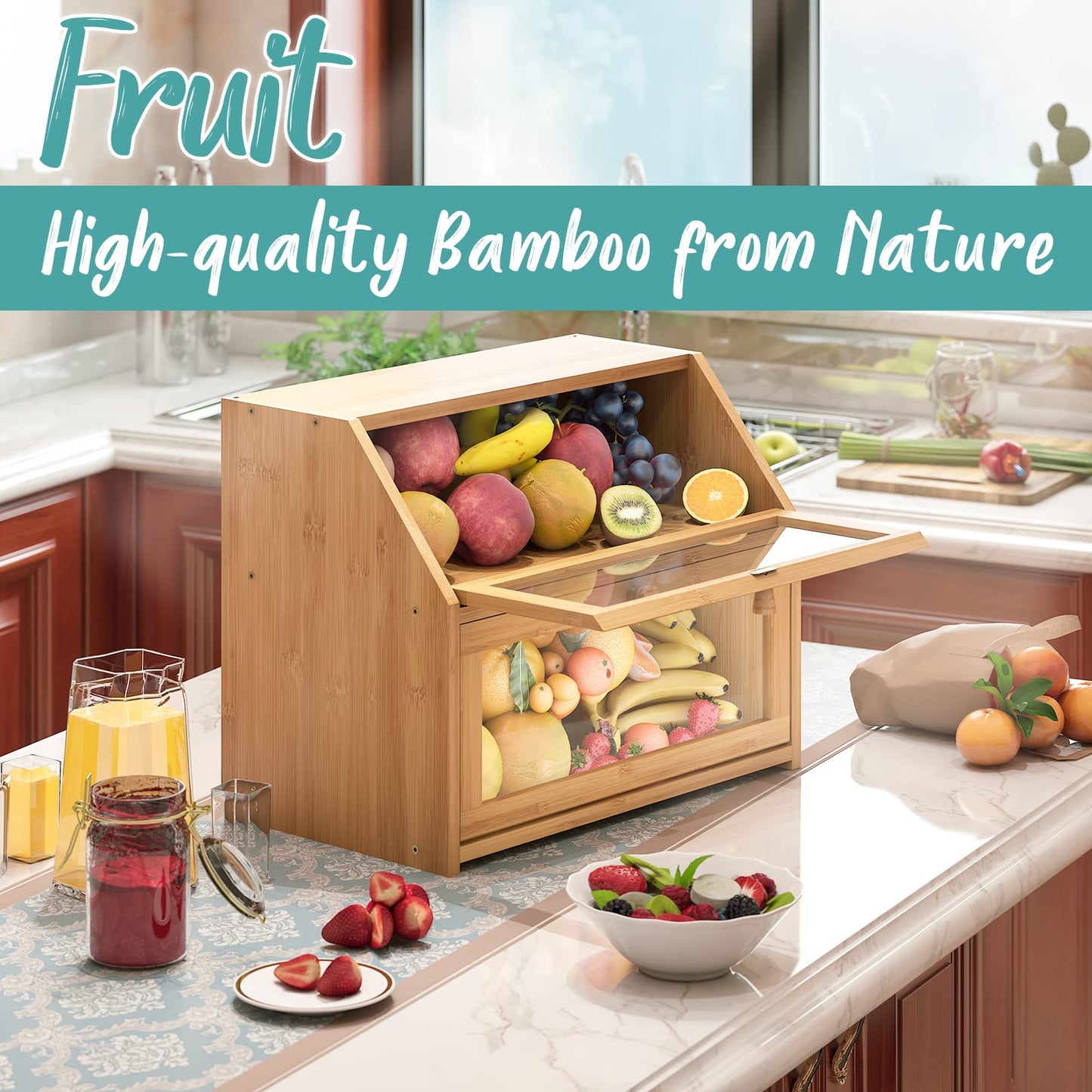 Vriccc Large Bread Box,Bamboo Wood for Kitchen Counter, Corner Bread Box, Large Capacity Bread Storage Bin