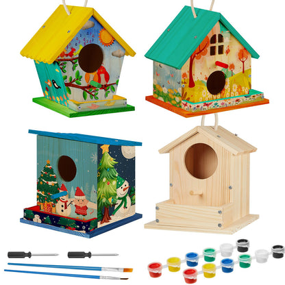 Liliful 4 Pack Birdhouse Crafts for Kids, Wooden Creative DIY Bird House Kits Arts and Crafts Set for Kids and Adults, Spring Birthday Gifts for Toddlers Ages (Seasonal Style)