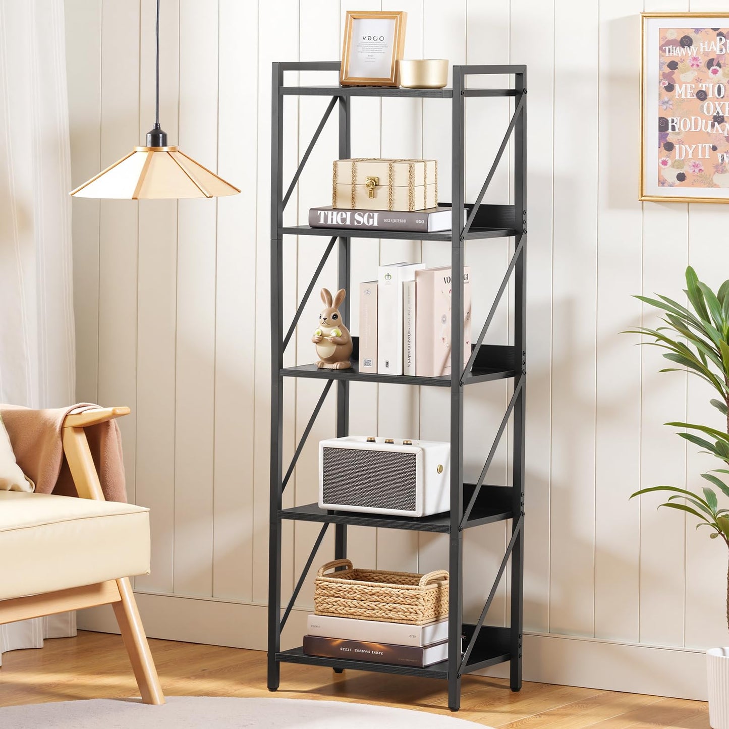 HOOBRO Literature Organizer and Bookshelf Bundle, 12 Compartments Office Mailbox with Adjustable Shelves, 5-Tier Industrial Bookcase for Home, Office, Black BK12WF01-BB73SJ01