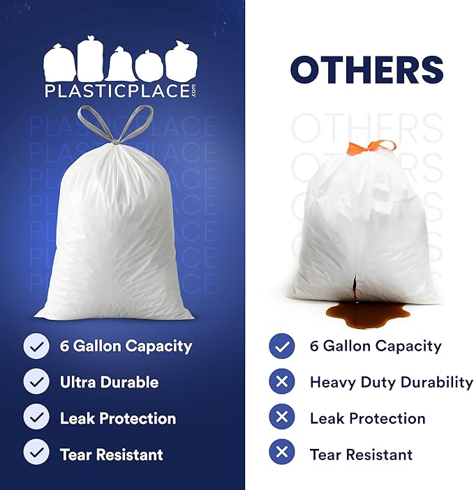 Plasticplace 6 Gallon Trash Bags White Drawstring Garbage Can Liners, 17” x 20”