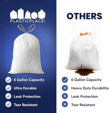 Plasticplace 6 Gallon Trash Bags White Drawstring Garbage Can Liners, 17” x 20”