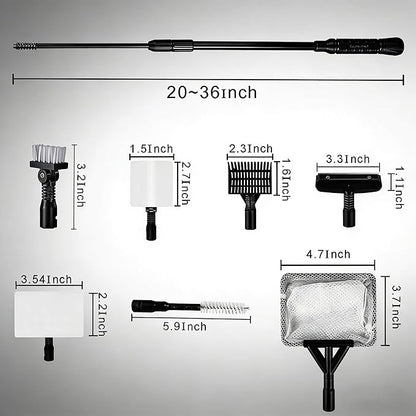 Carefree Fish 9IN1 Aquarium Cleaning Tools Long Handle Adjustable Length 20~36Inch Fish Tank Cleaner Kit Algae Scraper Scrubber Brushes Set Plant Scissor Long Tweezer