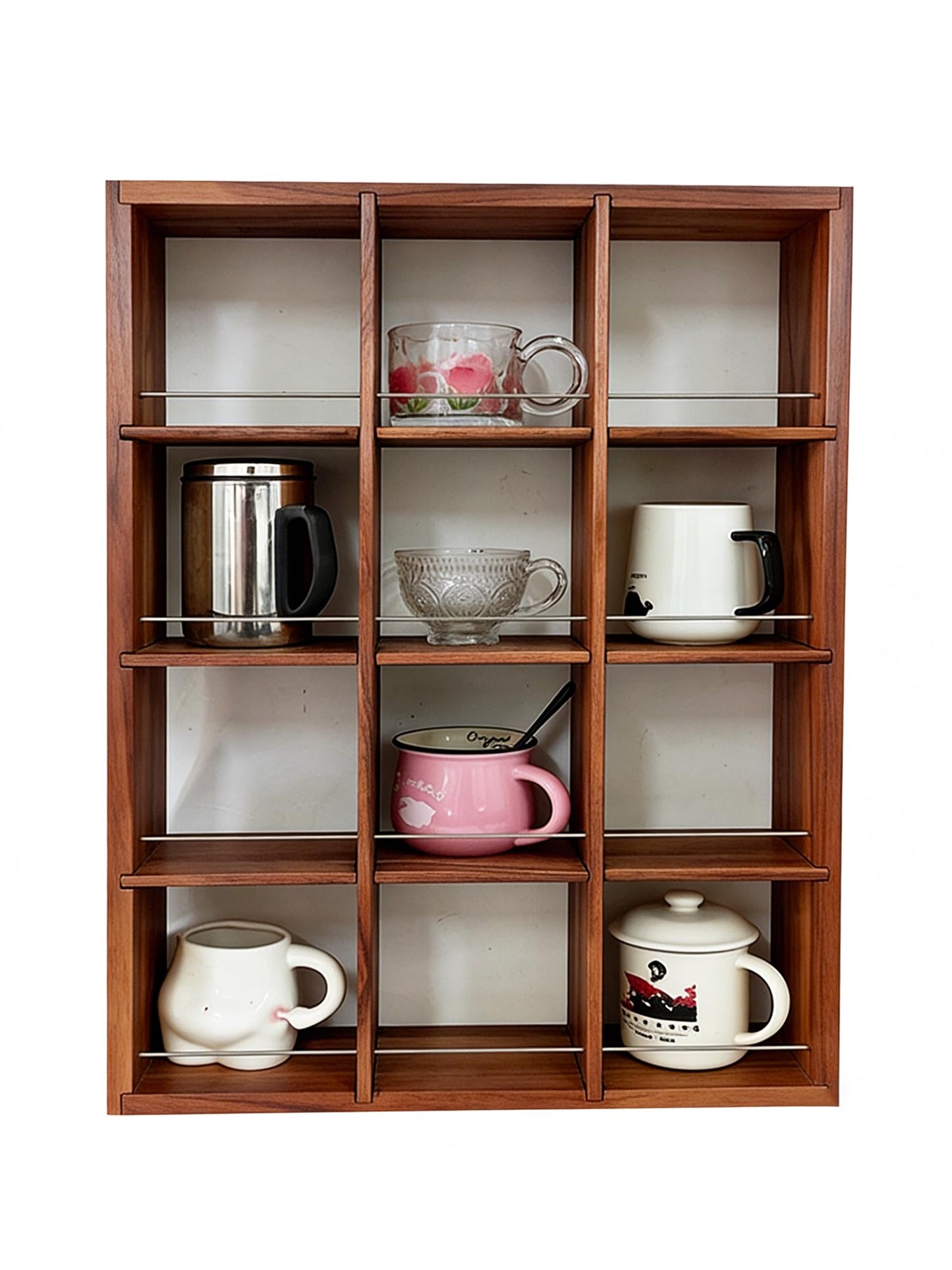 YIYUESHIJIU Wall Mounted Coffee Cup Holder, Cup Holder, 4-Tier Cup Display Shelf, Kitchen Coffee Bar Storage Organizer for Mugs, Cups and Collectibles with 12 Compartment (Walnut)