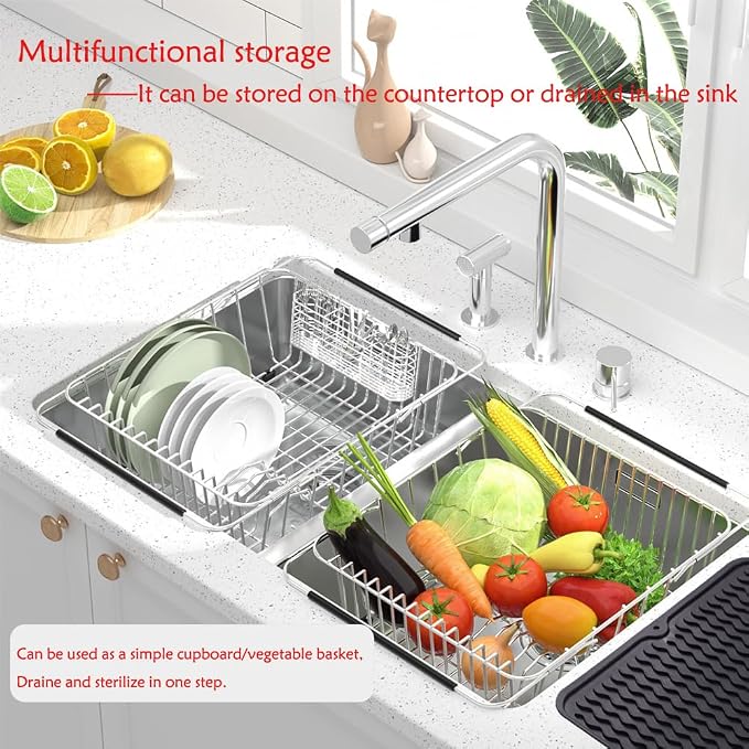 NiuYichee Stainless Steel Dish Drying Rack(15"L X 11"W X 4.1"H), Expandable Fruit & Vegetable Drain Rack over Sink, Dish Drainer Rack in Sink, with Stainless Steel Utensil Holder & Silicone Mat(16")