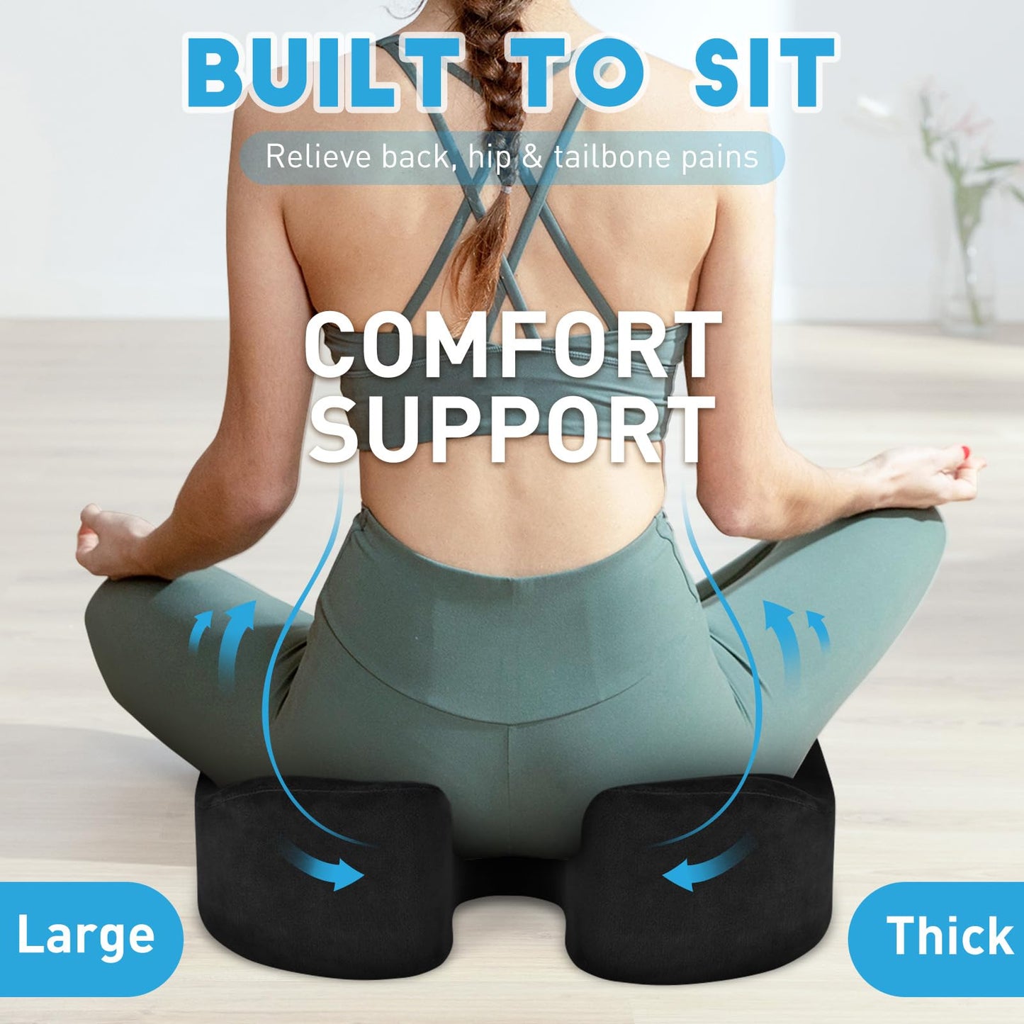 BlissTrends Seat Cushion,Thick Memory Foam Cushions for Office Chair, Car Seat, Airplane, Relieving Pressure Tailbone Sciatica Back Pain for Long Sitting Office Workers, Car Drivers 4.7in Thick Black