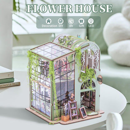 Miniature Flower House Kit - Bookshelf Decor 3D Wooden Puzzle, DIY Flower Dollhouse Booknook Making Kits with Furniture for Adults and Teenagers