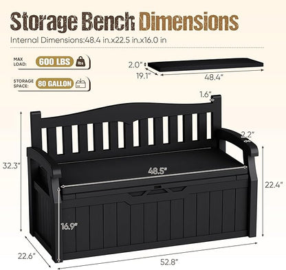 80-Gallon Outdoor Storage Bench with Cushion, Lockable Waterproof Deck Box with Armrests for Patio, Garden, Pool, Black