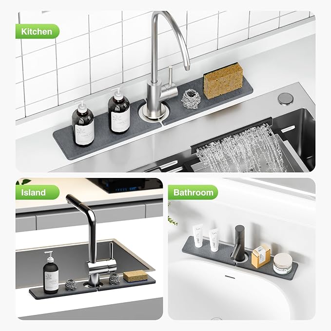 20" x 4" Stone Faucet Mat for Kitchen Sink, Quick Drying Diatomite Sink Tray