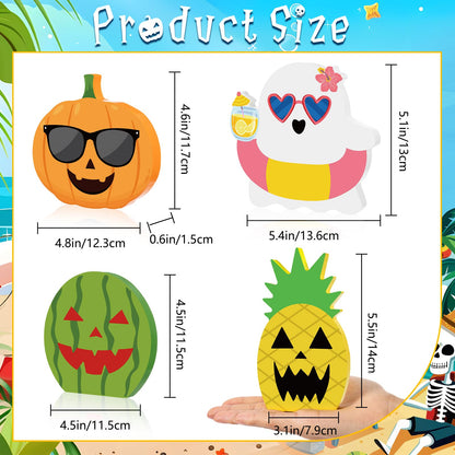 Kathfly 4 Pcs Summer Halloween Tiered Tray Decor Tropical Wooden Table Signs Spring Hawaii Ghost Pumpkin Watermelon Pineapple Decorative Trays for Halloween in Summer Shelf Desk Display Party Gifts