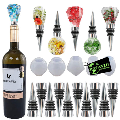 JIOFAVIU 15 Pcs Resin Wine Bottle Stopper Molds Set, Wine Stopper Silicone Molds for Epoxy Resin (5 Molds and 10 Stoppers)
