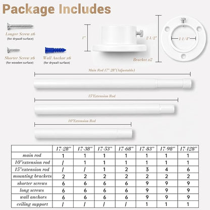 Closet Rod Adjustable 17 to 68 Inch, 1-1/4” Diameter, Closet Rods for Hanging Clothes, Stepless Metal Heavy Duty Hanging Rod for Closet Wardrobes Laundry RV (White)
